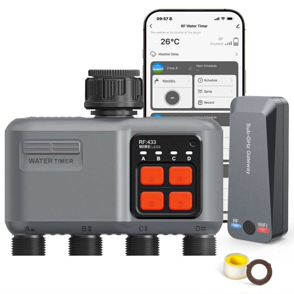 NEW Smart WiFi Water Timer 4-Zone, 984ft RF Gateway, 4 Outlets and Rain Delay